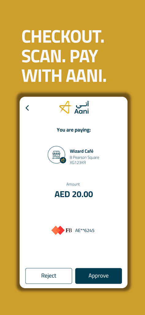 Aani mobile app payment confirmation screen for a 20 AED transaction at Wizard Cafe