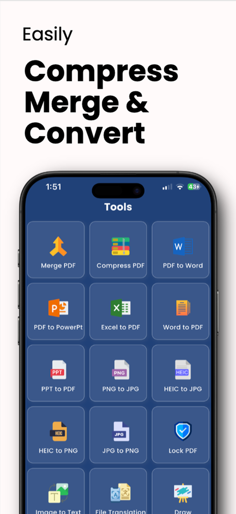 PDF-X - Interface do aplicativo móvel PDF-X mostrando ferramentas de gerenciamento de documentos para compactar, mesclar e converter arquivos PDF.