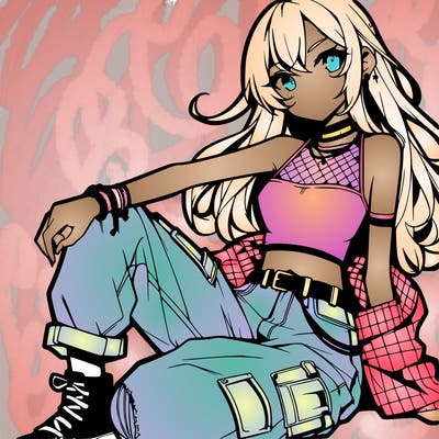 anime girl with a crop top and ripped jeans