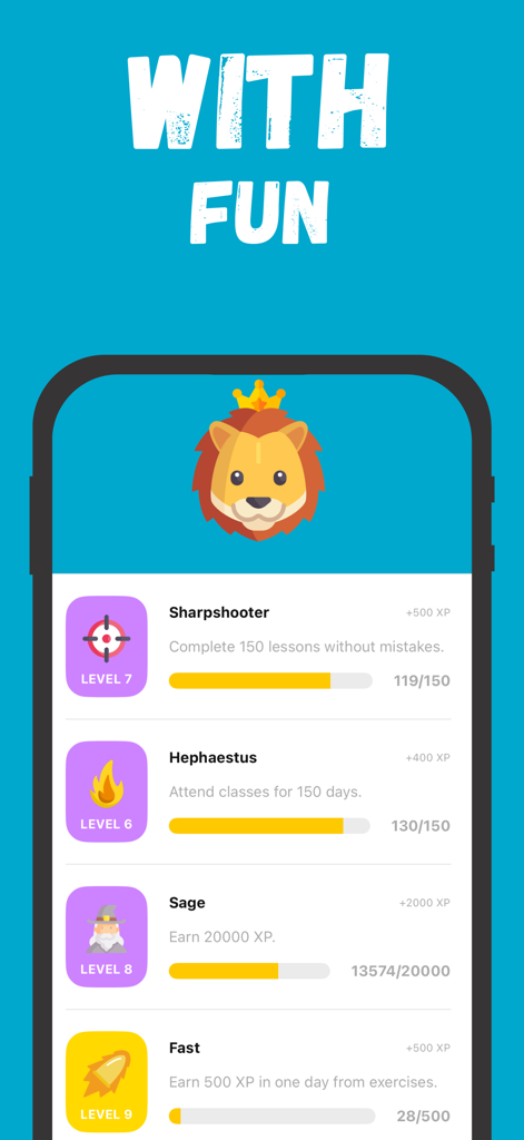 English Grammar: Gramaro - Un écran de mobile montrant des réalisations gamifiées dans l'application Gramaro avec des barres de progression pour les objectifs quotidiens et les points XP.