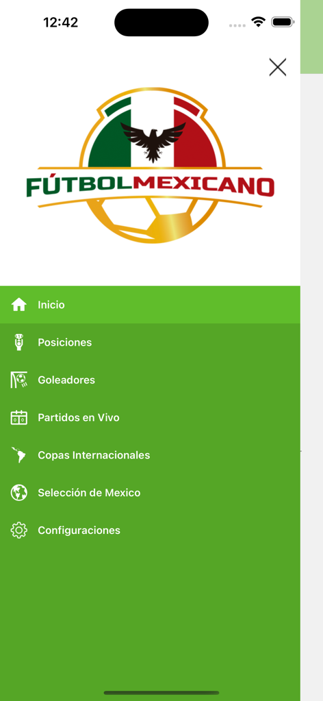 Navigation menu of the Mexican Soccer Live app featuring sections for live matches, standings, and the Mexican national team.