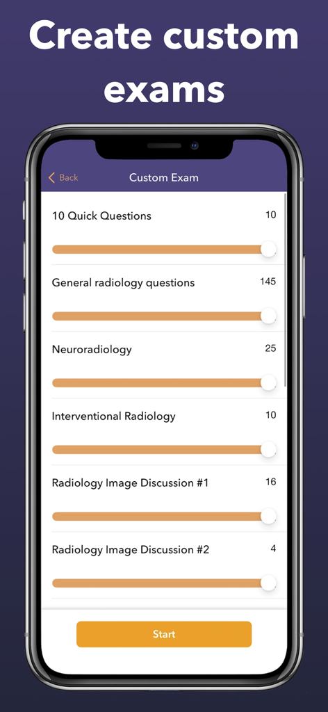 A screenshot of the Radiology Board Review app interface showing how to create custom exams by selecting topics like Neuroradiology and Interventional Radiology.