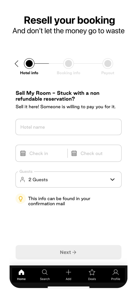 The Roomer app interface showing a Sell My Room form to resell non-refundable hotel reservations including fields for hotel name and check-in dates.