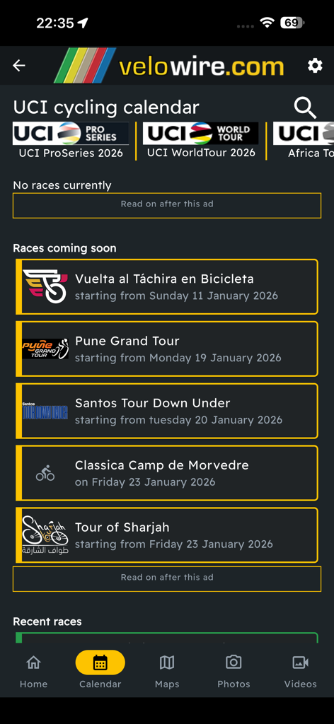 velowire - Velowire mobile app screen showing the UCI cycling calendar and upcoming races
