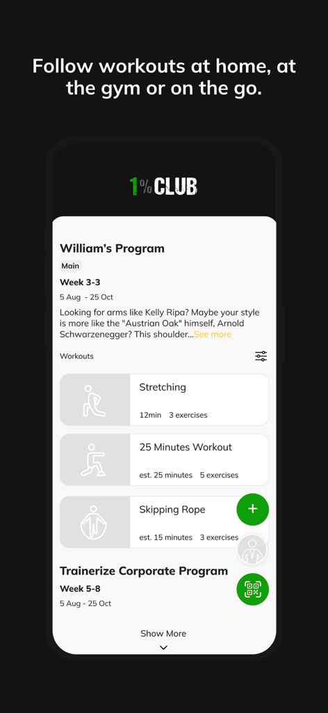1 Percent Club - Screenshot of the 1 Percent Club app showing a personalized fitness program with stretching and skipping rope workouts.