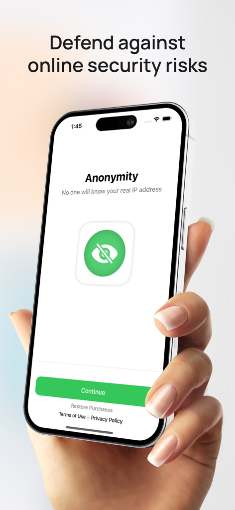 iPhone screen displaying EVPN anonymity and online security protection