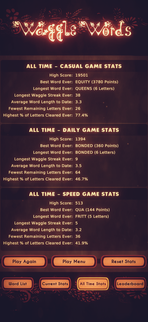 Waggle Words app screen displaying all time statistics for Casual Daily and Speed game modes including high scores and best words