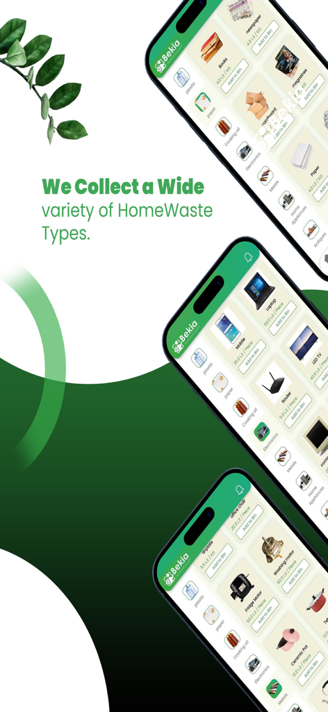 Bekia - Captura de tela do aplicativo Bekia mostrando vários tipos de lixo doméstico que eles coletam para reciclagem