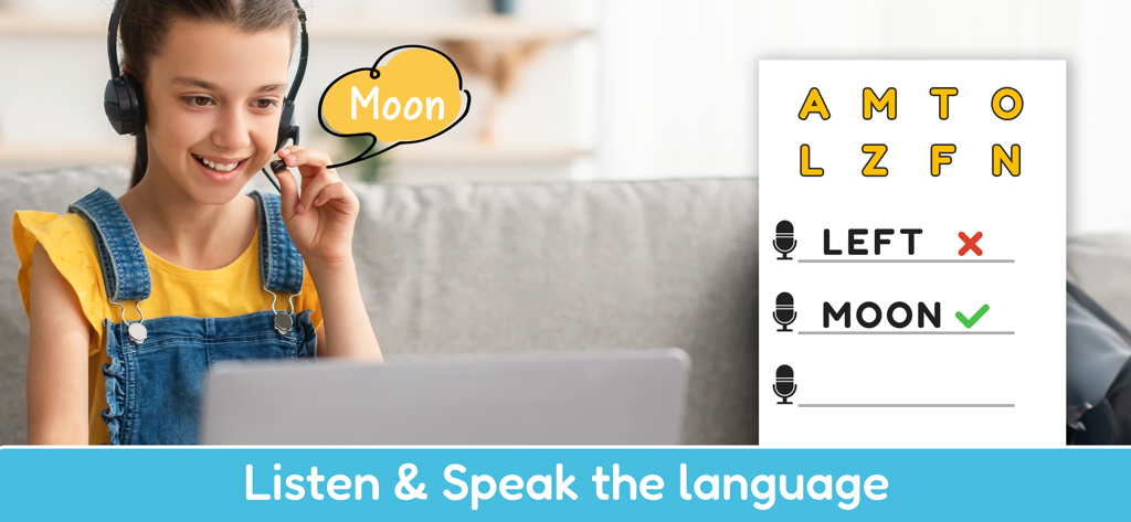 Voca Tooki - Learn English - A young girl with a headset practicing English pronunciation and speaking on a laptop