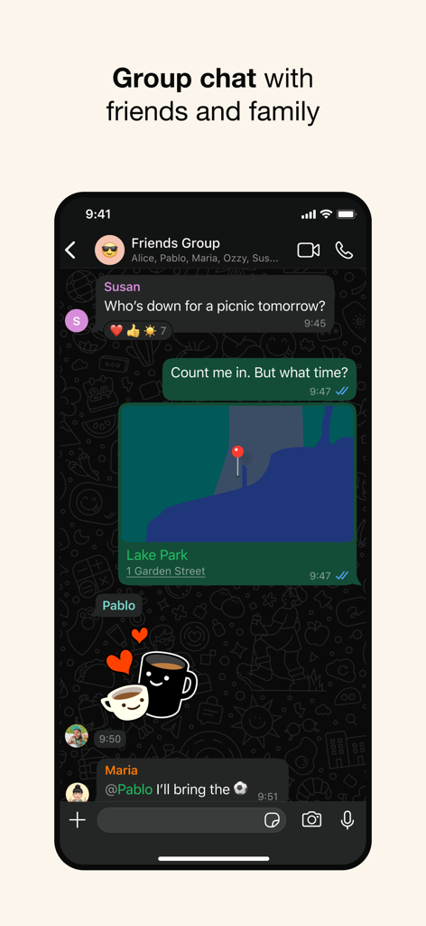 Screenshot of a WhatsApp group chat showing shared location, stickers, and messages between friends
