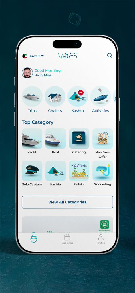 Waves: Stay, Sail & Ride - Écran d'accueil de l'application mobile Waves montrant les catégories de réservation de yachts, bateaux et restauration