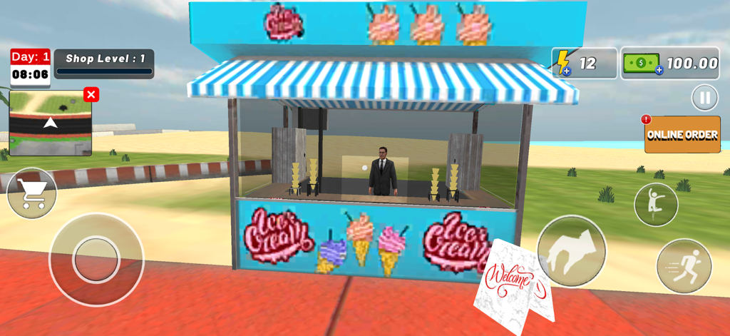 Multi Market Sim: Go & Deliver - A 3D mobile game simulation showing a blue ice cream stand with a shop manager in a suit and a gameplay UI