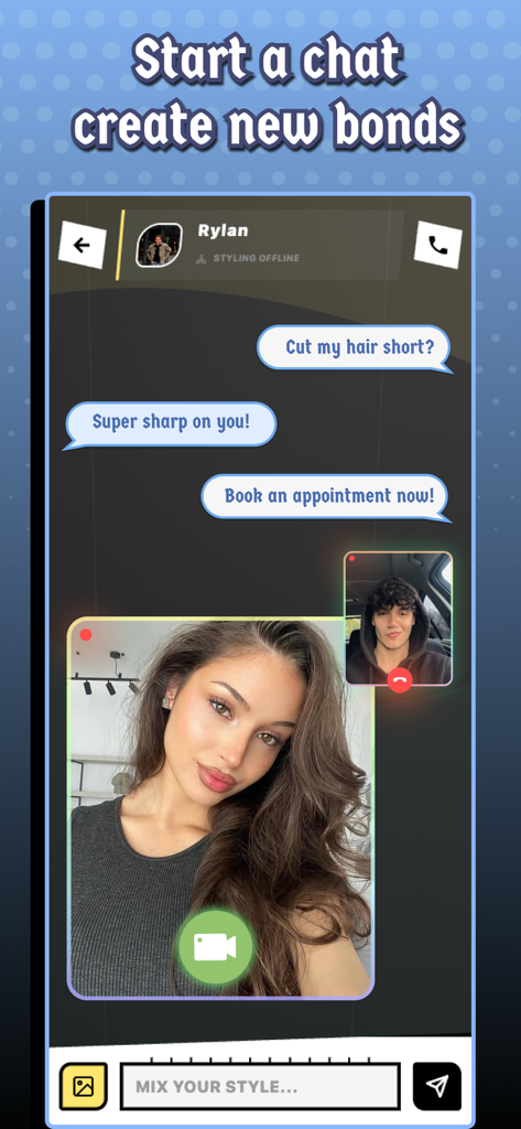 Mirth - Chat & Beauty - Mirth app interface showing a chat and video call between a user and a stylist for hair advice and booking