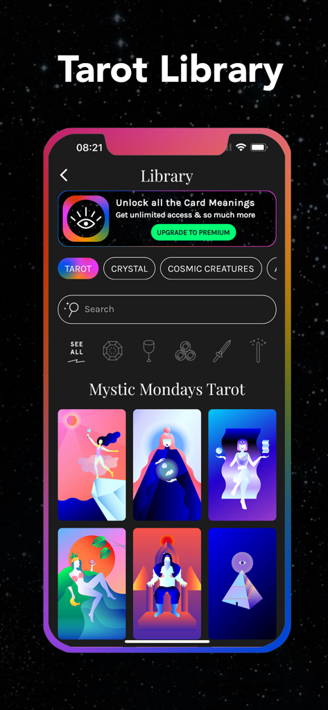 Mystic Mondays - The Tarot Library screen in the Mystic Mondays app showcasing colorful modern card designs and a searchable interface on a dark starry background.