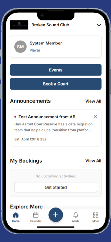 BSC CourtReserve - Home screen of the BSC CourtReserve app showing options to book a court and sign up for club events
