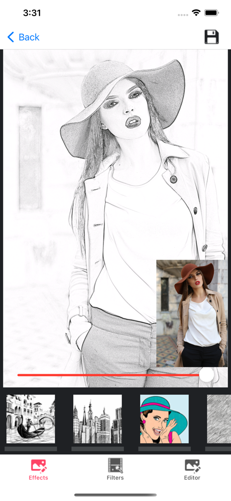 모바일 앱 인터페이스가 여성 초상화를 사실적인 연필 스케치로 변환하여 보여줌