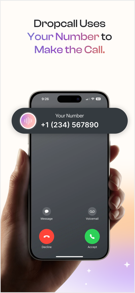 Dropcall: AI Voicemail & Phone - A smartphone displaying the Dropcall app interface highlighting the use of a real phone number for AI-powered calls.