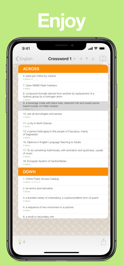 List of across and down clues in the Accessible Crosswords mobile app interface