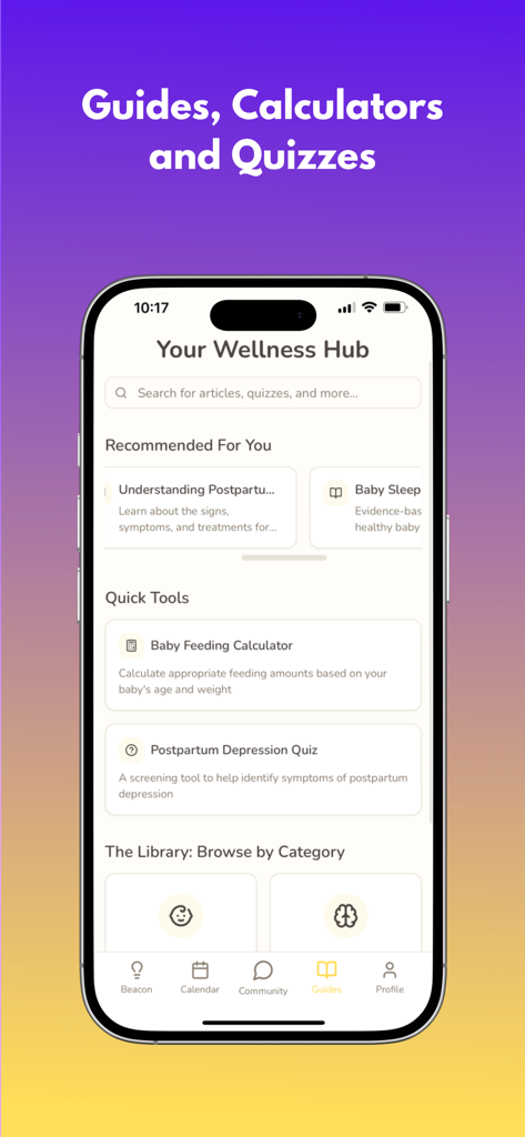 Beacon: Postpartum Support - Beacon app wellness hub screen showing postpartum guides, a baby feeding calculator, and a depression screening quiz.