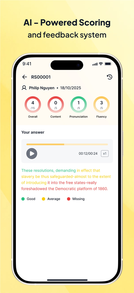 Tela do aplicativo PTE Magic mostrando pontuação por IA para pronúncia e fluência com feedback codificado por cores