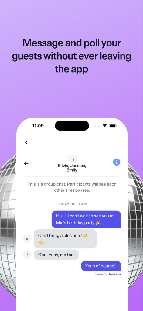 Evite: Party Invitation Maker - Evite app interface showing a group chat among guests for a birthday party invitation.