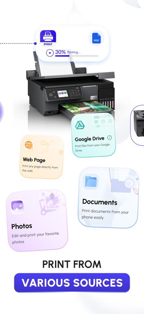Pantalla de la aplicación iPrint mostrando varias fuentes de impresión, incluidas páginas web de Google Drive y fotos