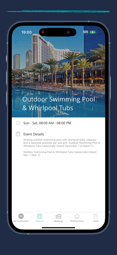 Hilton Grand Vacations app screen displaying outdoor swimming pool and whirlpool tub information including hours and resort amenities.