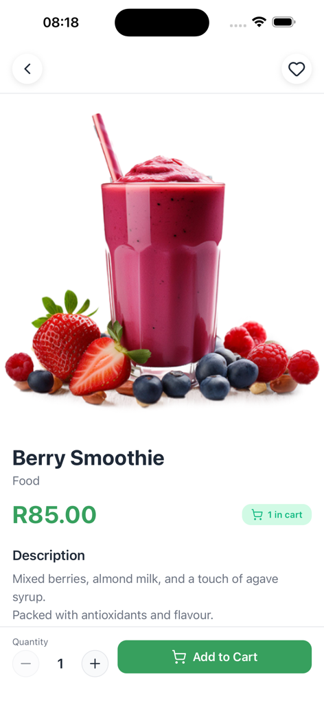 Chilled - Product page for a berry smoothie in the Chilled app featuring a pink smoothie and fresh berries