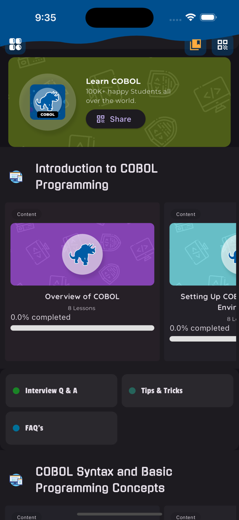Learn COBOL Programming - Dashboard dell'app Impara la programmazione COBOL che mostra lezioni introduttive, preparazione ai colloqui e suggerimenti