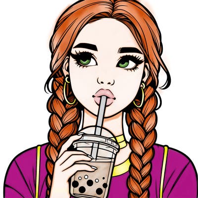 realistic girl with braided hair drinking boba