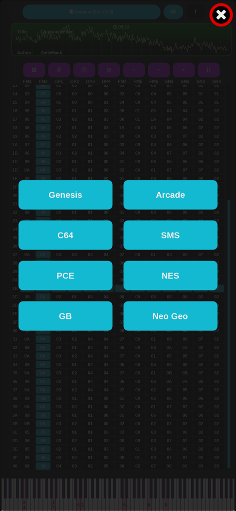 DefleMask Mobile app showing a selection menu for different retro game console sound chips
