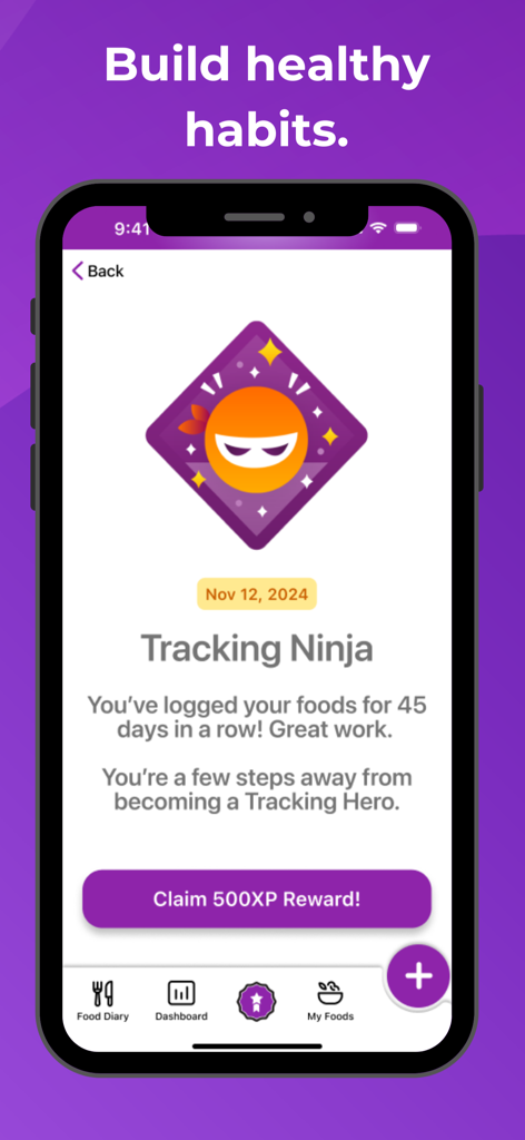 Macro Sync - Macro Sync mobile app displaying a Tracking Ninja achievement for a 45 day food logging streak and a claim reward button.