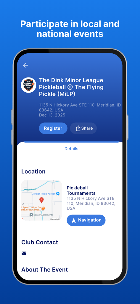 DUPR - Écran d'application mobile montrant l'enregistrement d'un tournoi de pickleball et la carte de localisation.