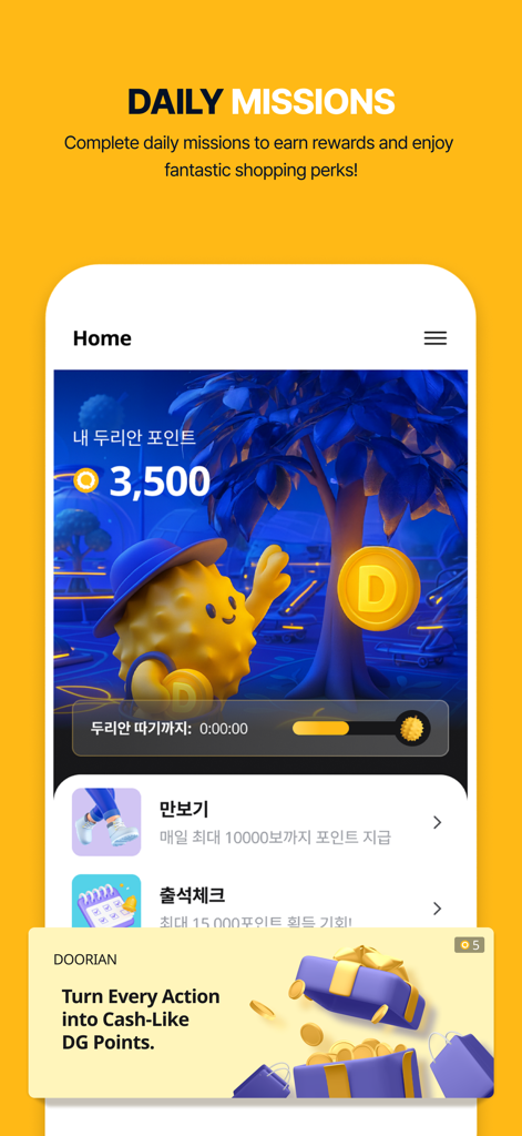 A screenshot of the Doorian Global app displaying daily missions and earned rewards points