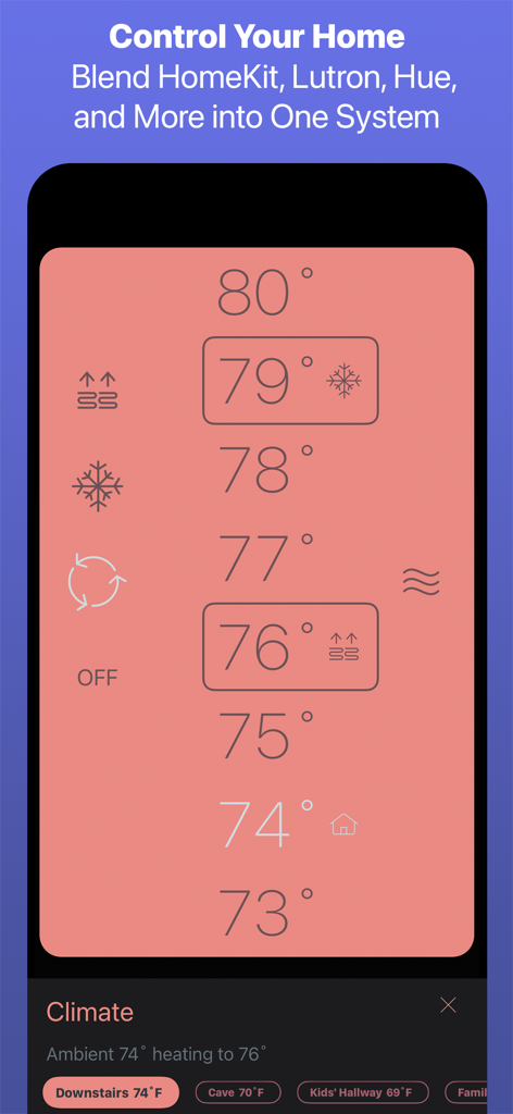 Universal Remote Roomie app showing smart home thermostat and climate controls with HomeKit integration