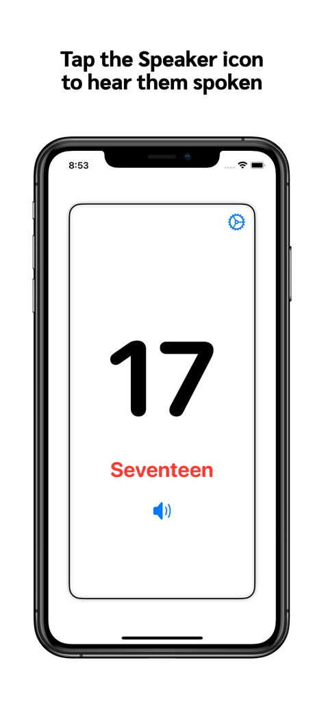 Tarjeta digital para el número diecisiete con un ícono de altavoz para escuchar la palabra pronunciada en voz alta.