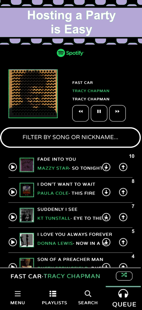 Ein mobiler Screenshot der Jukebox App, der eine Spotify-Musik-Warteschlange mit Song-Abstimmungsschaltflächen für soziales Party-Hosting zeigt.