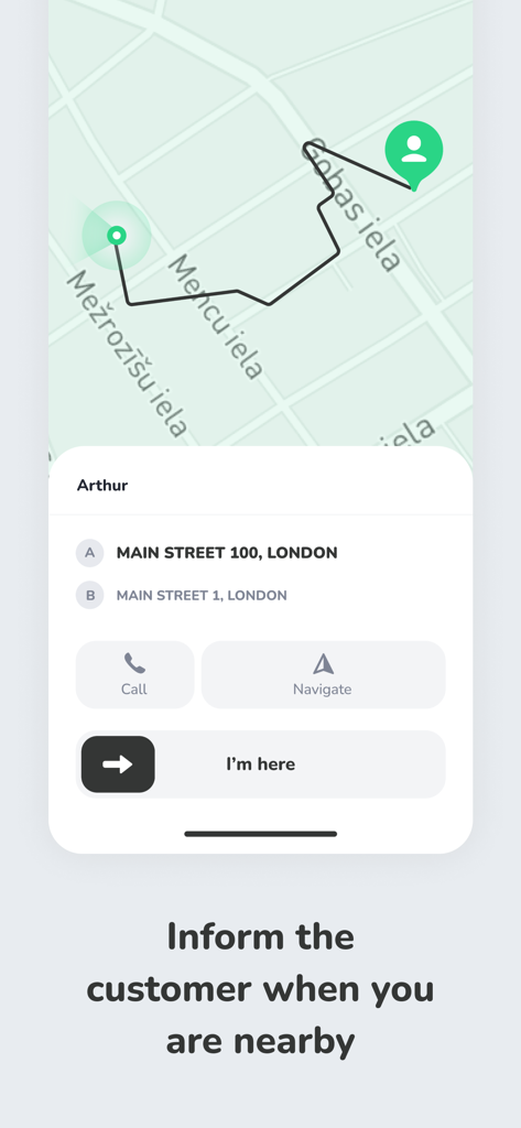 ATOM Mobility: Driver app - ATOM Mobility Driver app showing ride navigation and an option to notify the customer of arrival
