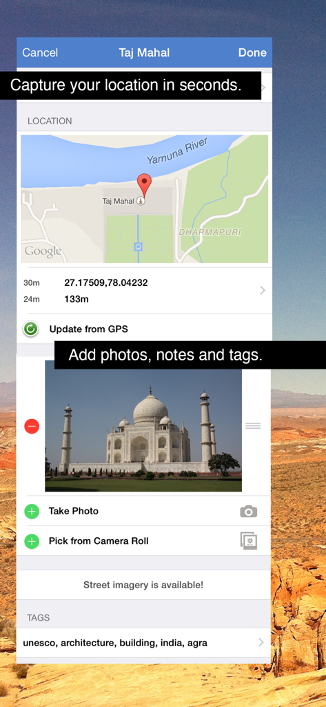 Uma entrada de viagem no aplicativo GPS Log apresentando um mapa e foto do Taj Mahal.