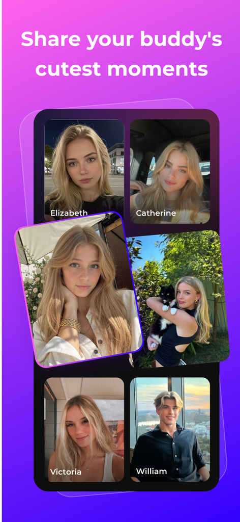 Purify - Meet Friends & Vibe - User profile grid on Purify app featuring young adults and pet photos with the text Share your buddy's cutest moments