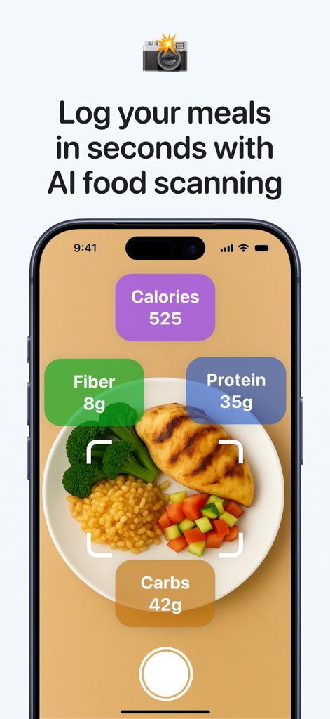 Smartphone screen showing AI food scanning feature with nutritional breakdowns for a healthy meal