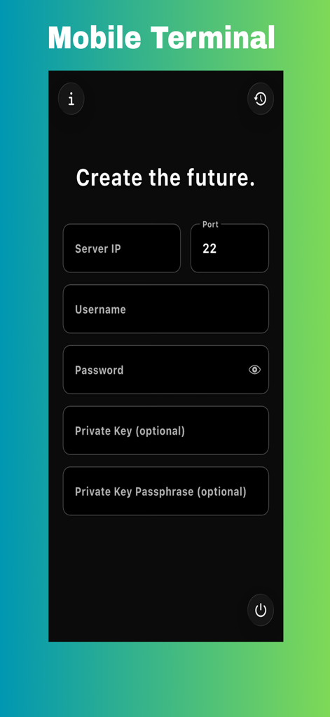 SSH connection setup screen with fields for server IP username and password in the v mobile terminal app