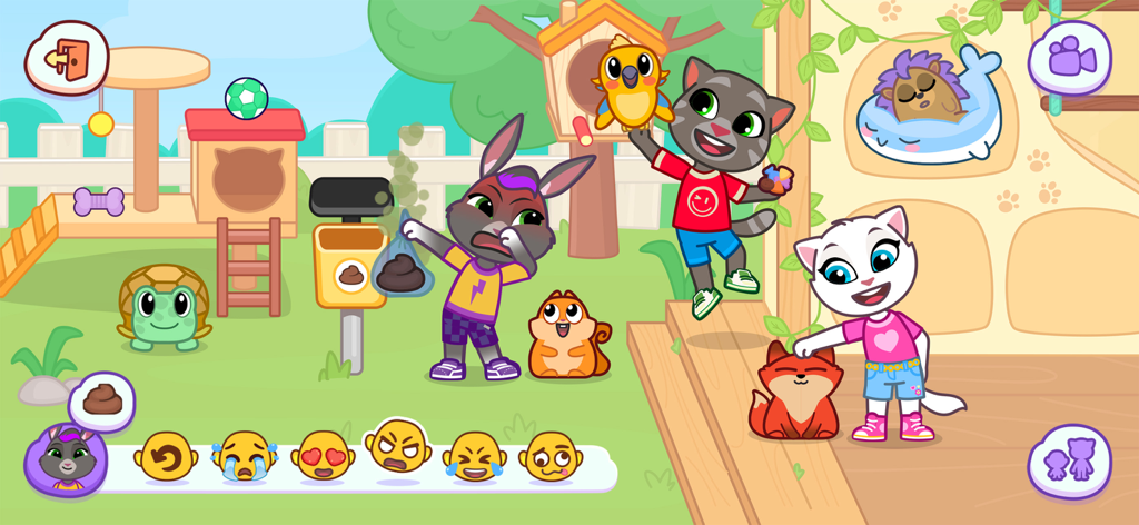 Talking Tom, Angela, and Becca playing with pets and using an emoji reaction bar in a backyard setting.