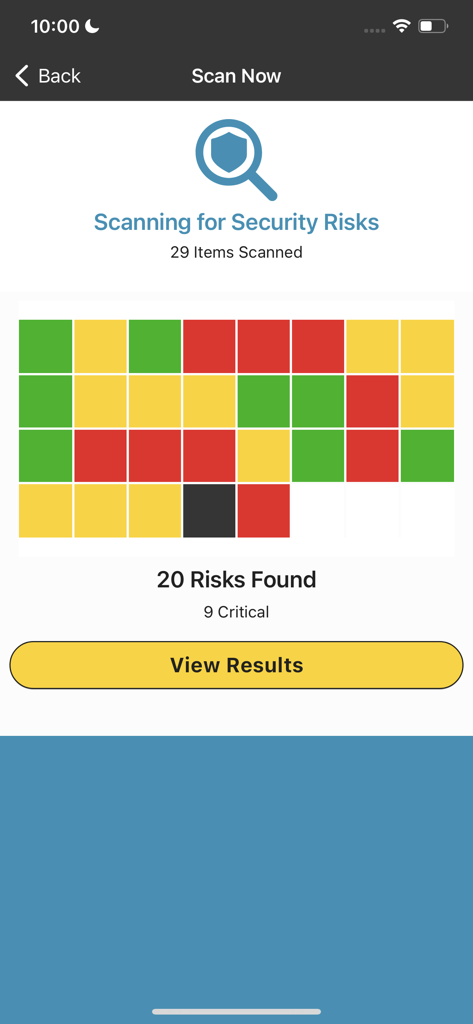 Zebra 프린터 설정 유틸리티 보안 평가 스캔 결과로, 발견된 심각한 위험 표시