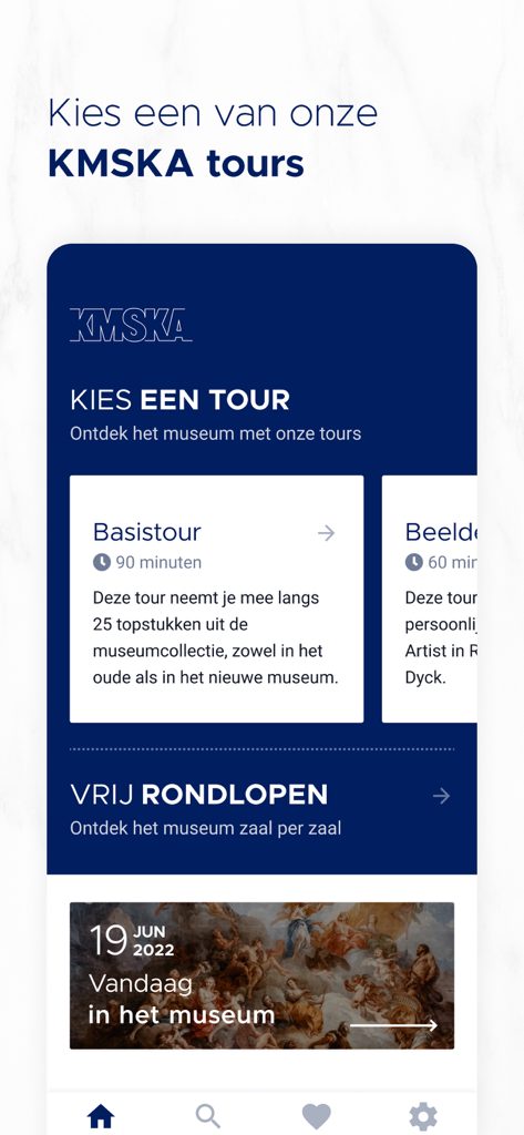 Interface of the KMSKA app displaying curated museum tour options and a tour selection screen