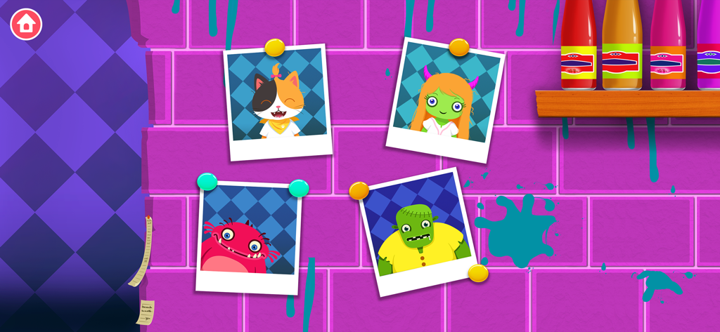 Vier bunte Monsterfiguren, die als Polaroidfotos an einer lila Ziegelwand in der App Kochspiele für Kinder gezeigt werden.