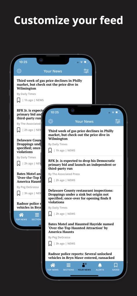 Delaware County Daily Times - A screenshot of the Delaware County Daily Times app showing the customized news feed feature on two smartphones.