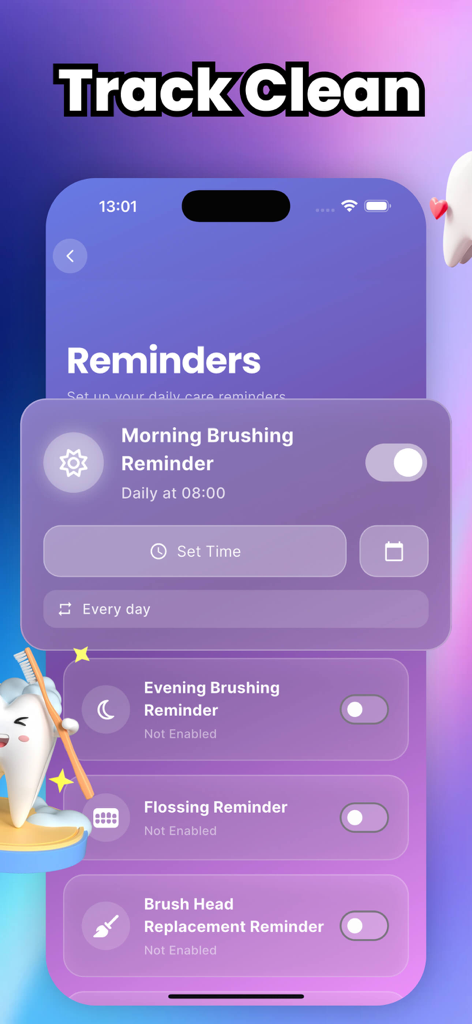 Vicu - Vicu app interface showing customizable reminders for morning and evening brushing, flossing, and brush head replacement.