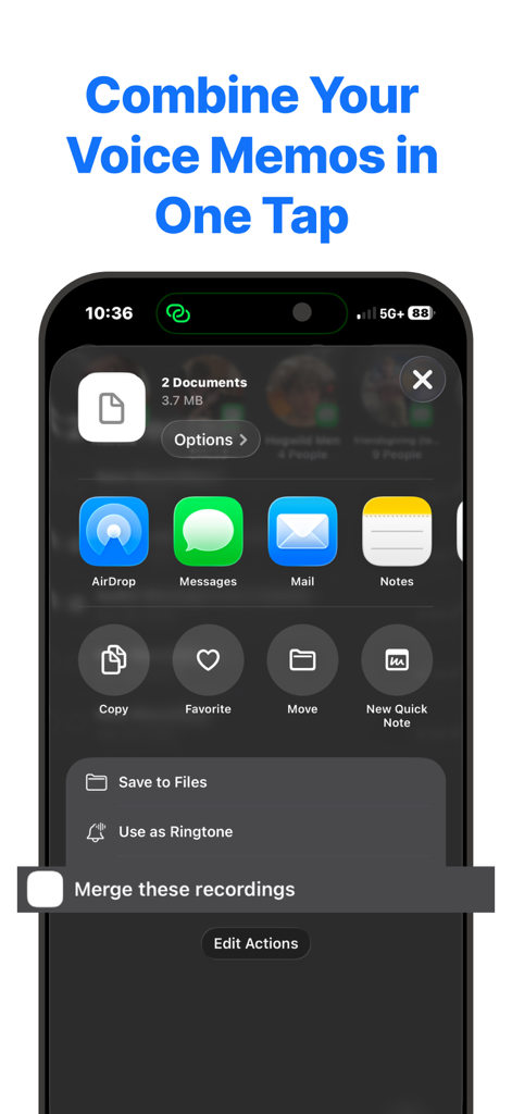 Merge Voice Memos & Combiner - iPhone screen showing the iOS share sheet with the merge these recordings action highlighted for combining audio files