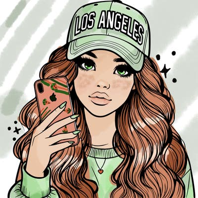 realistic beautiful girl wearing los ángeles cap holding an iphone